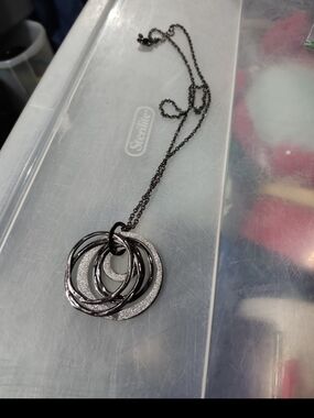 Hematite with Silver Glitter Pendant Necklace long chain circles